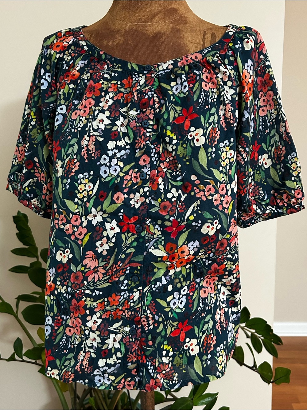 Garnet Hill Floral Peasant Blouse - Navy Multi